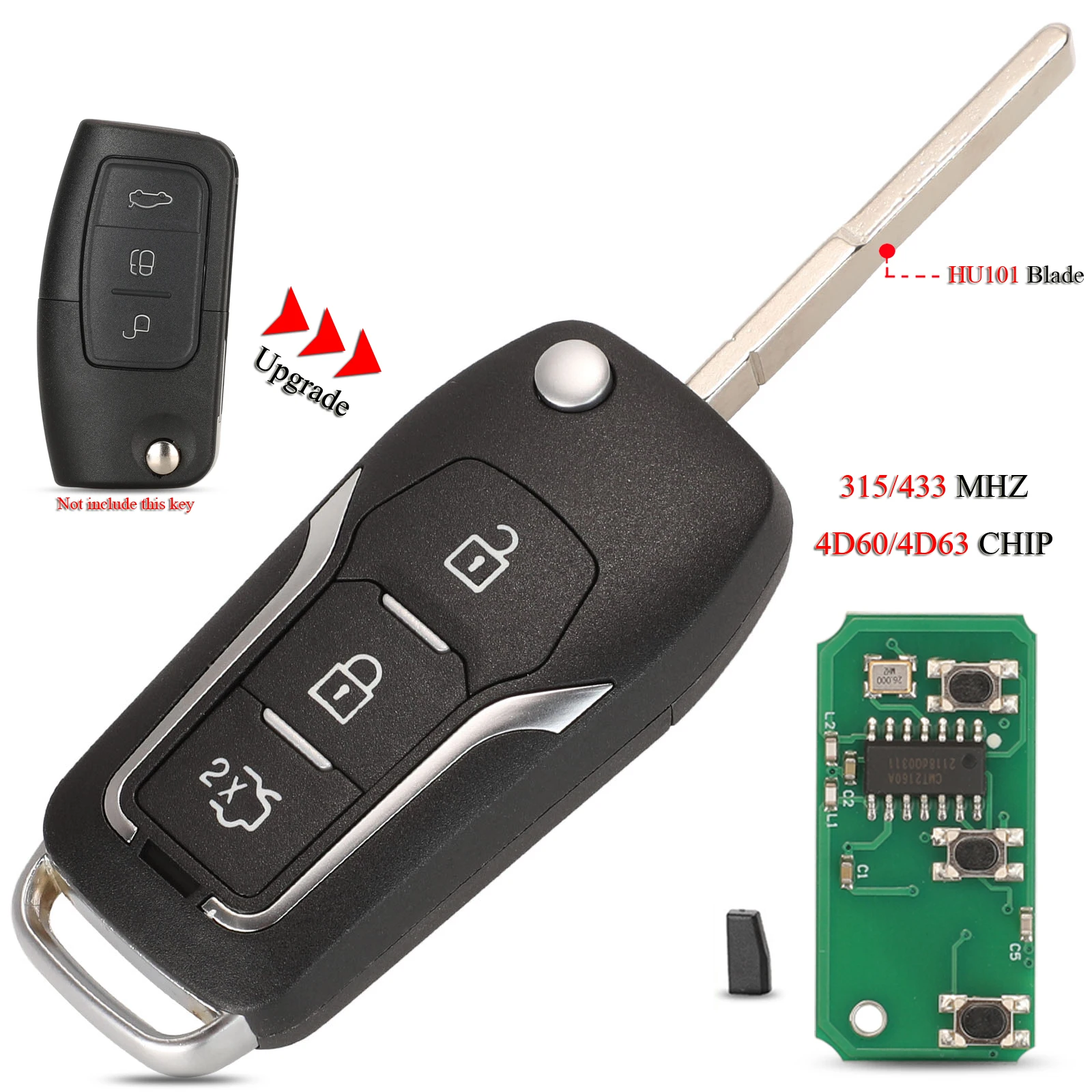 

jingyuqin 10PCS/Lot Upgrade Flip Remote Car Key For Ford Focus MK Mondeo Galaxy Fiesta C Max 315/433MHZ ID60/ID63 Chip 3Buttons