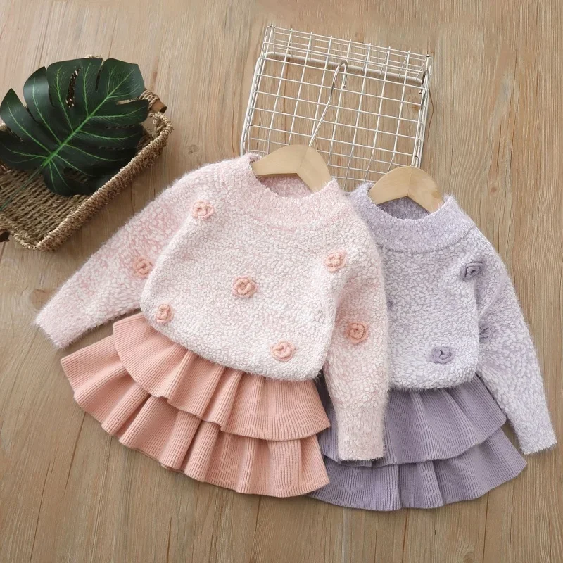 

1-8Y Girls Dress Knit 2Piece Set Textured Sweater Flowers Tiered Cake Skirt Girls Matching Autumn Kids Outfit