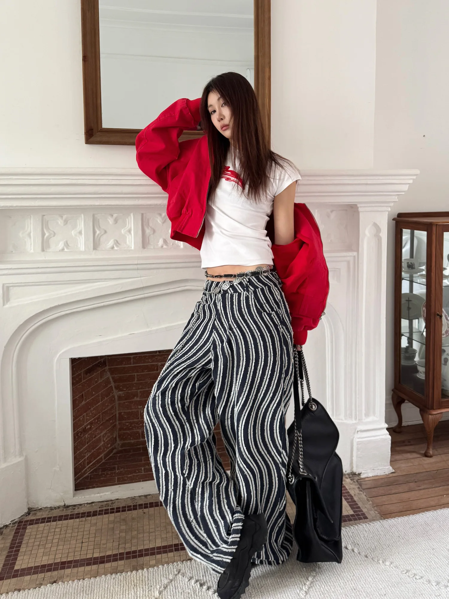 

Sermeet Retro Heavyweight S-ape Stripe Casual Pants Women Spring Spicy Loose Straight Wide Leg Long Trousers High Waist But...