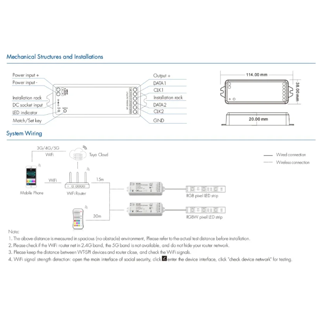 WT-SPI/WZ-SPI Tuya WiFi Zigbee+RF SPI LED Controller DC5V-24V WS2811 Ws2812 Ws2815 SK6812 RGB/RGBW LED Strip Pixel Modules Light