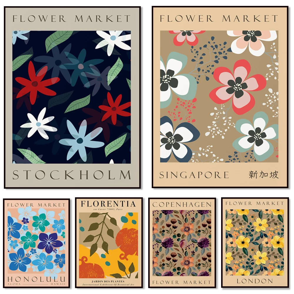 

Singapore flower market exhibition printable, flower market boho printable poster, modern minimalist oriental floral