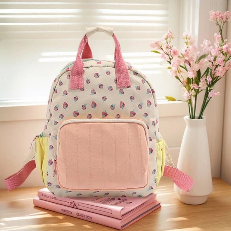 Embroidered Name Strawberry Print Backpack Cute Dopamine Contrast Canvas Bag Lightweight Ideal for Daily Use Travel for Children