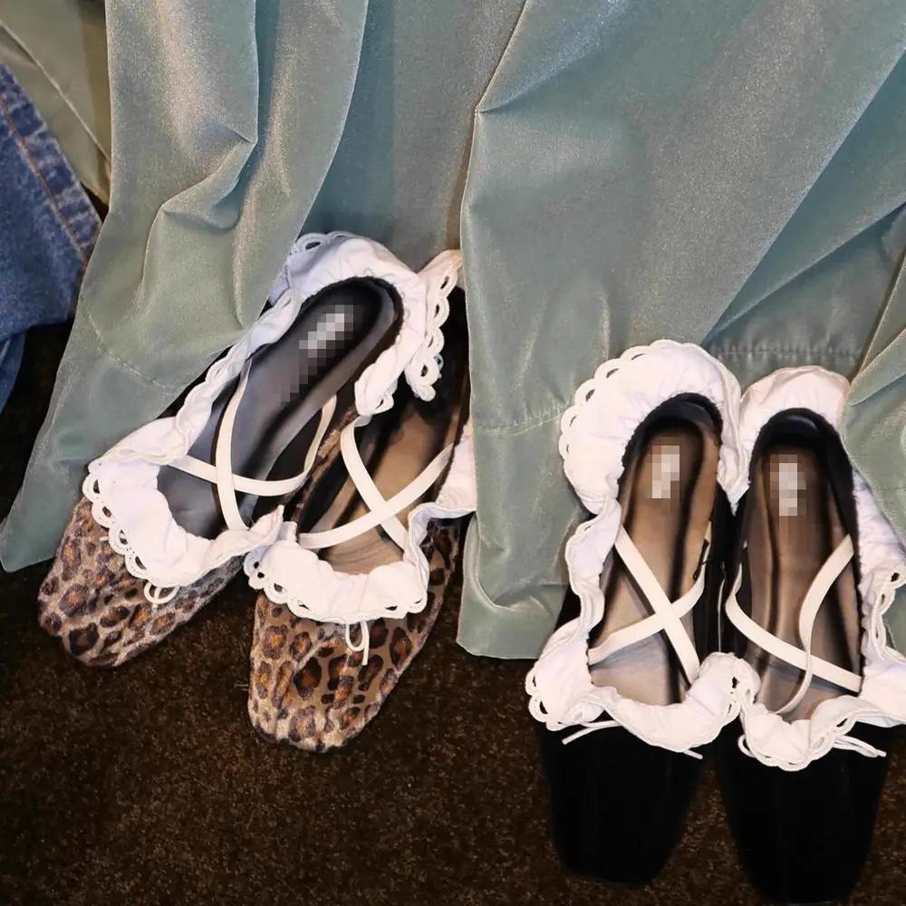 Japanese Elegant Retro Embroidered Lace Fungus Lace Flats Ancient Leopard Print Japanese Ballet Shoes Mary Jane Shoes for Women