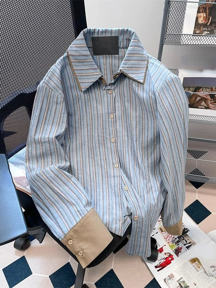 Preppy Style Shirts Turn Down Collae Long Sleeve Patchwork Striped Fashion Vintage Blouses All Match Casual Loose Women Clothing