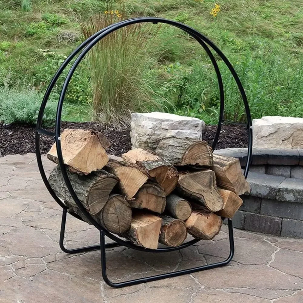 Log Store Firewood Rack Outdoor Firewood Log Hoop Black Powder Coated Steel Wood Rack for Firewood Lumber Wood Store