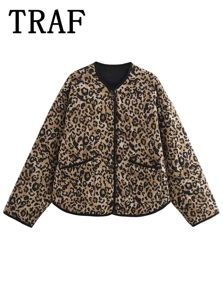 TRAF Women Vintage Leopard Print Cropped Parka Coat 2024 Autumn Winter Jackets For Women Long Sleeve Streetwear New Outerwear