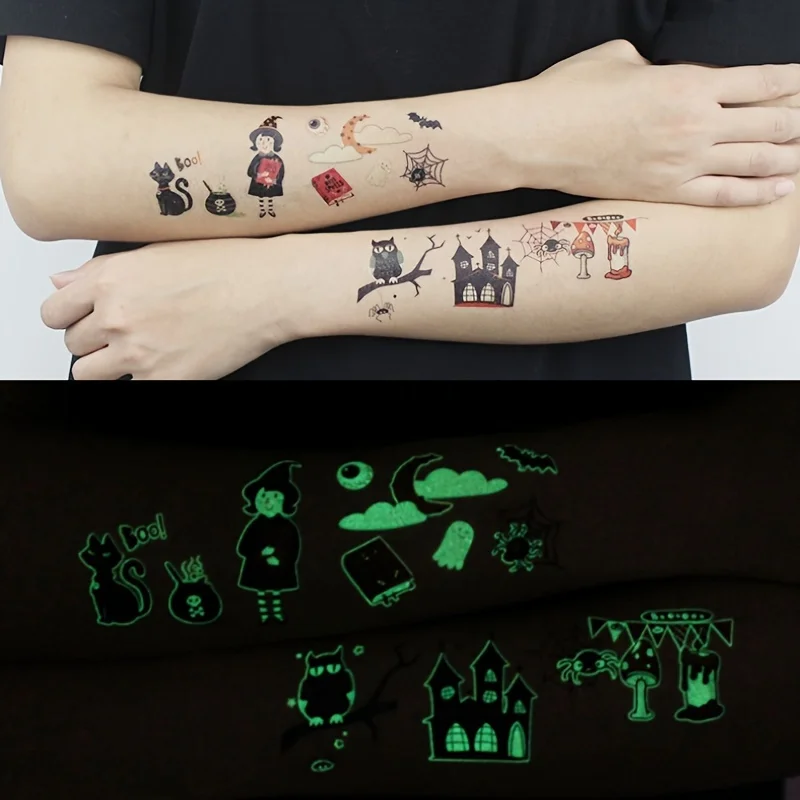 Spooky Fun: 6-Pack Glow-in-the-Dark Halloween Temporary Tattoos - Waterproof Fake Tattoo Stickers with Witch, Vampire, Zombie, a