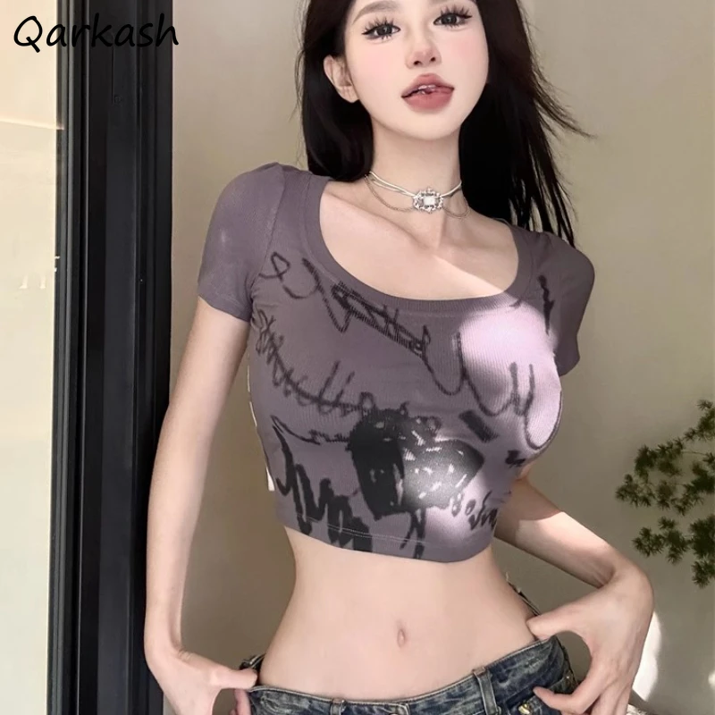 Graffiti Print T-shirts Women Slim Sexy Hot Girl American Streetwear Hip Hop Y2k Crop Tops Gothic Style Fashion Vintage футболка