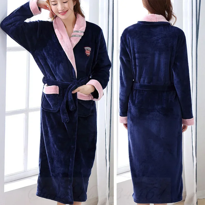 Autumn Winter Loungewear Warm Kimono Bathrobe Gown Plus Size Couple Sleepwear Thicken Flannel Female Robe Coral Fleece Home Wear