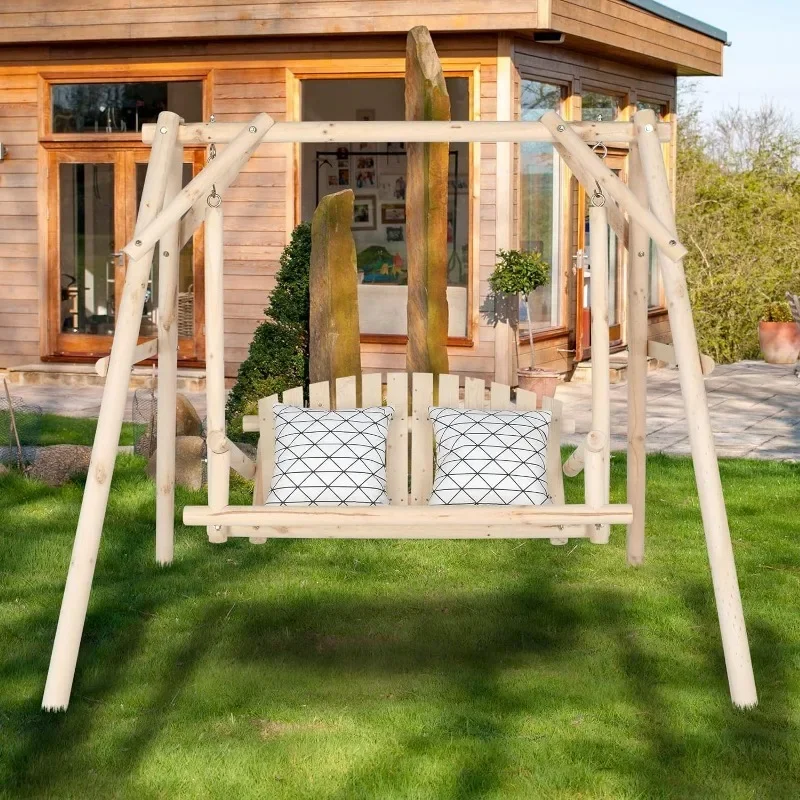 Patio Porch Swing Set, 67in Wood Log Swing Stand with Bench Loveseat Stable A-Frame for Patio Backyard Deck