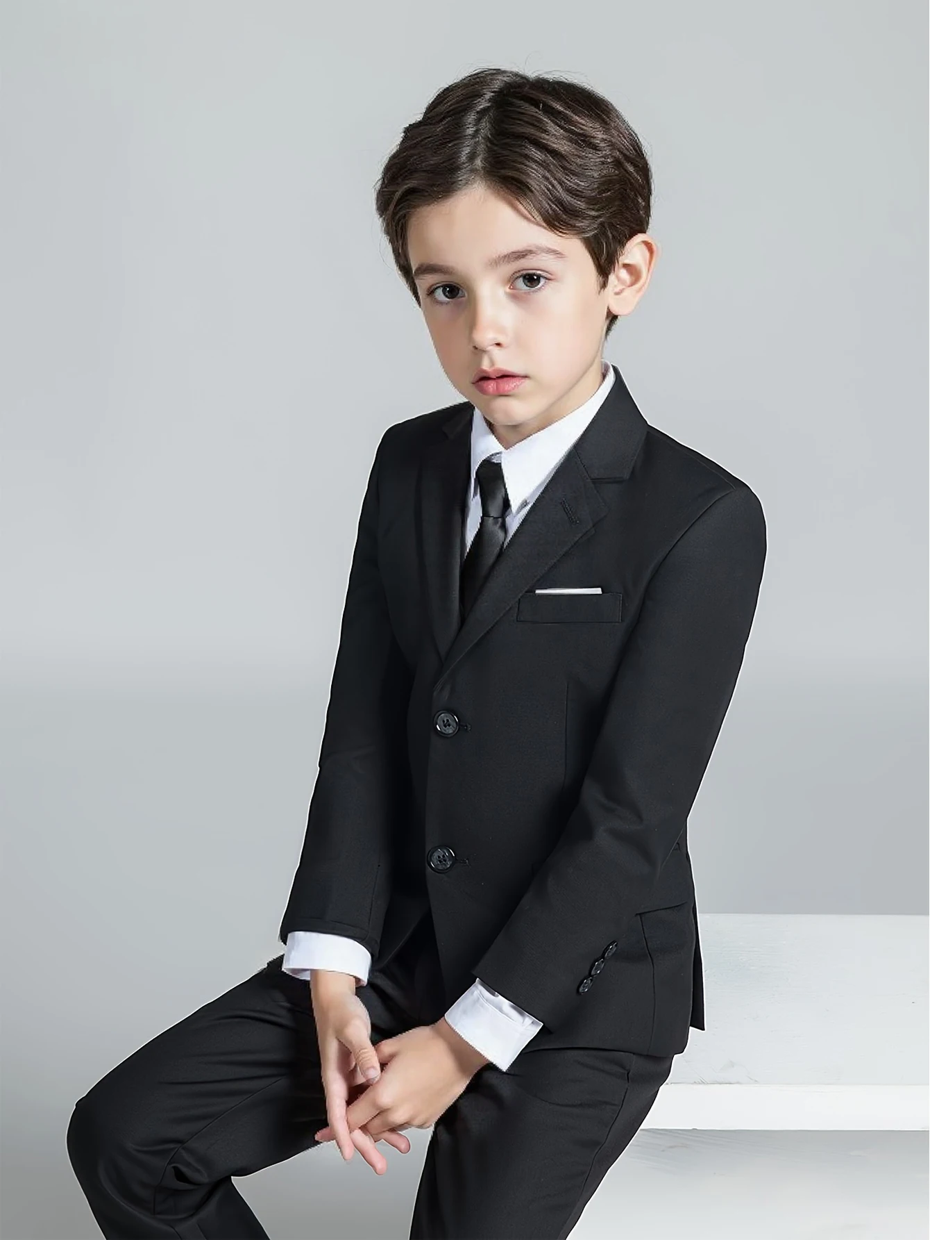 Jungenanzüge, 4-teilig, Jacke, Weste, Hose, Krawatte, zufällige Farbauswahl, Teenagerkleidung, Hochzeitskleidung, Bühnenkleidung, formelle Kleidung, klassisch, schmal geschnitten, elegant, für Kinder von 2 bis 16 Jahren. – Detail 7