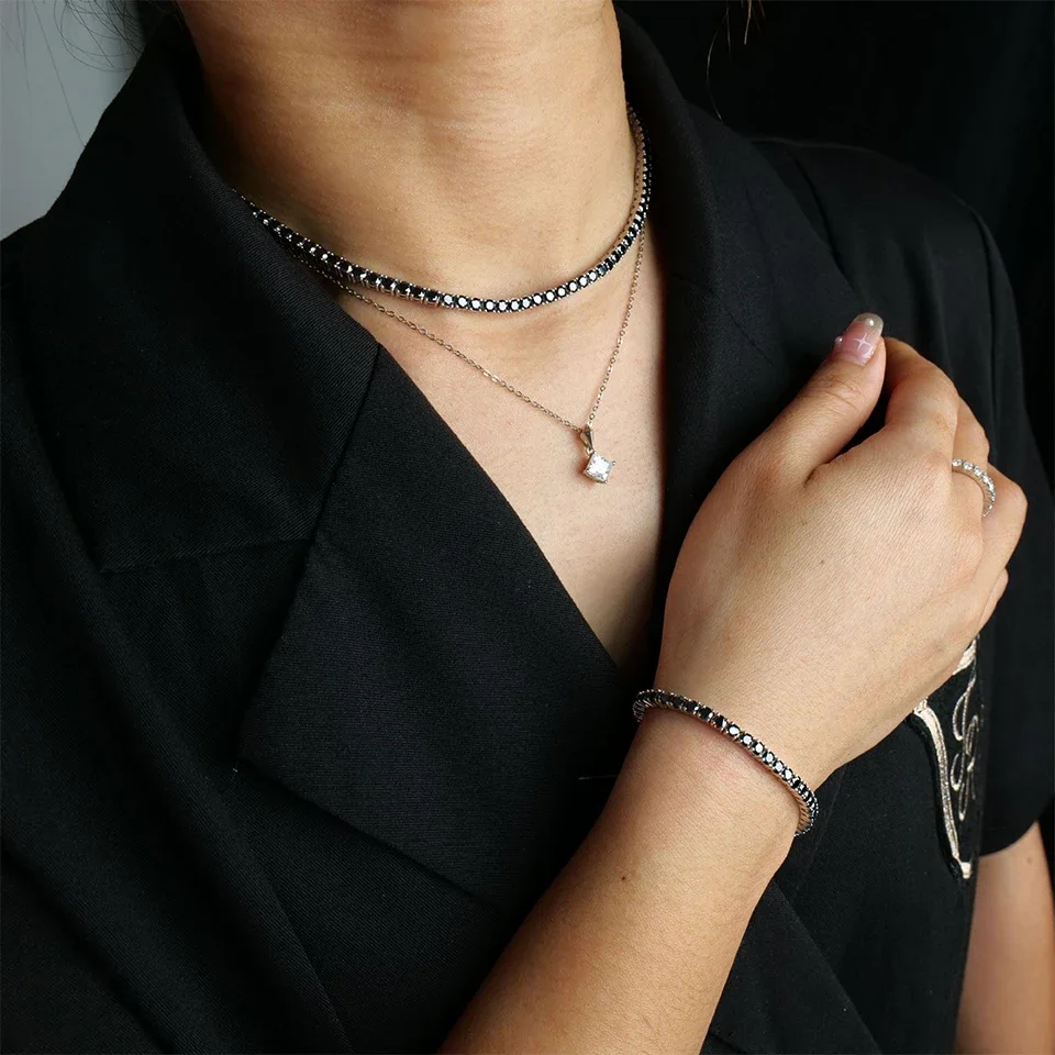 3/4/5/6.5mm Full‑Black‑Moissanite Tennis Necklace for Men Women, 925 Sterling‑Silver GRA‑Certified Lab‑Grown‑Diamond‑Look Hip‑Hop Jewelry, Ideal Gift for Him Her