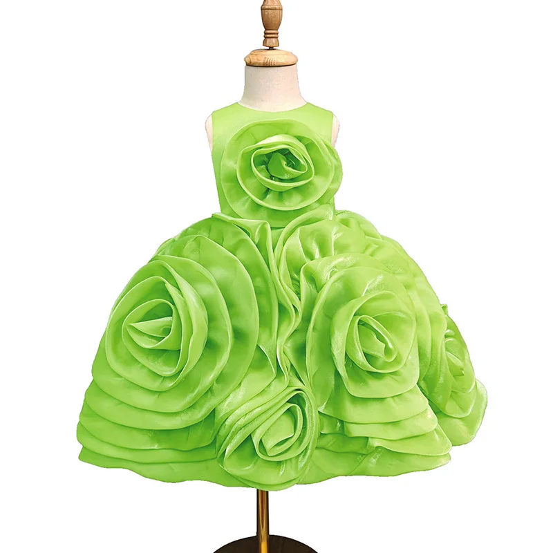 

Junior Bridesmaid Green Organza Rosette Birthday Dress Knee-Length Ceremonies Wedding Party Princess Gown for 1-12 Girls Pink