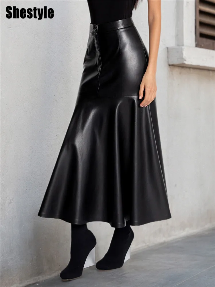 Shestyle plissado linha a couro do plutônio preto saia longa para o inverno sólido zíper voar cintura alta senhora do escritório workwear elegante graça