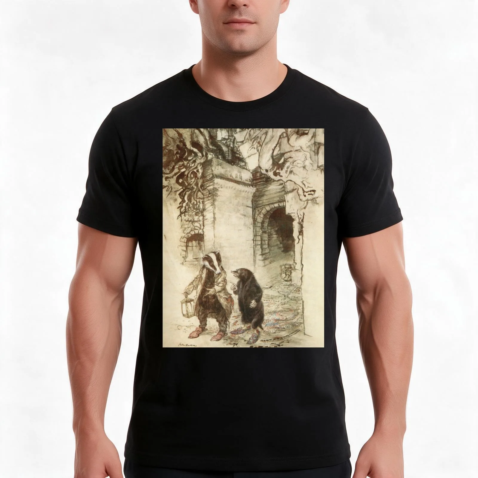 Badger and Mole Wind in the Willows illustration - Arthur Rackham T-Shirt Summer Casual Cotton Tee Oversized Streetwear Tops