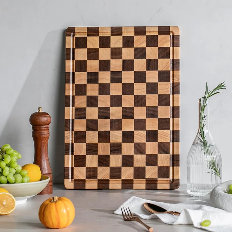 

Cutting Board For Kitchen Acacia Rubber Wood Chopping Rectangle Butcher Block Chessboard Serving Tray With Juice Grooves Handle