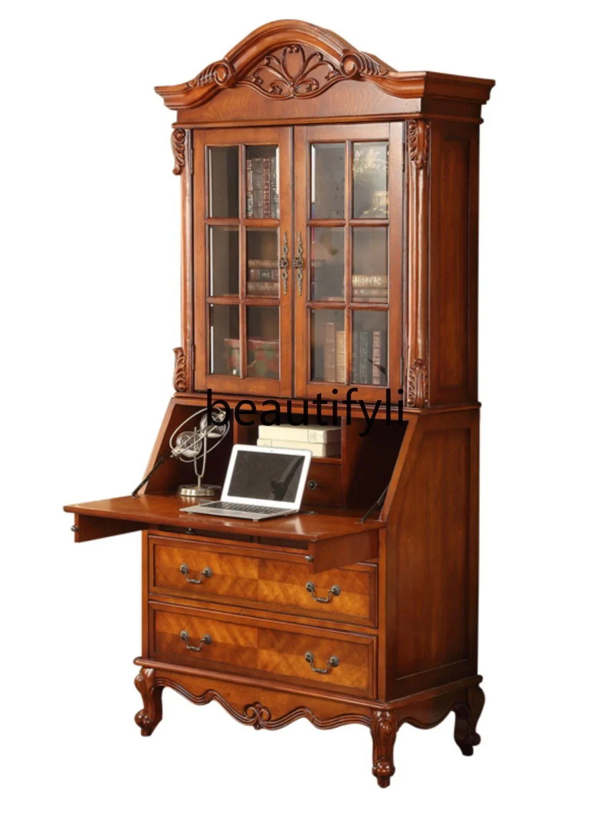 

Bookcase desk integrated combination solid wood two doors carved locker multi-functional bookcase with glass door