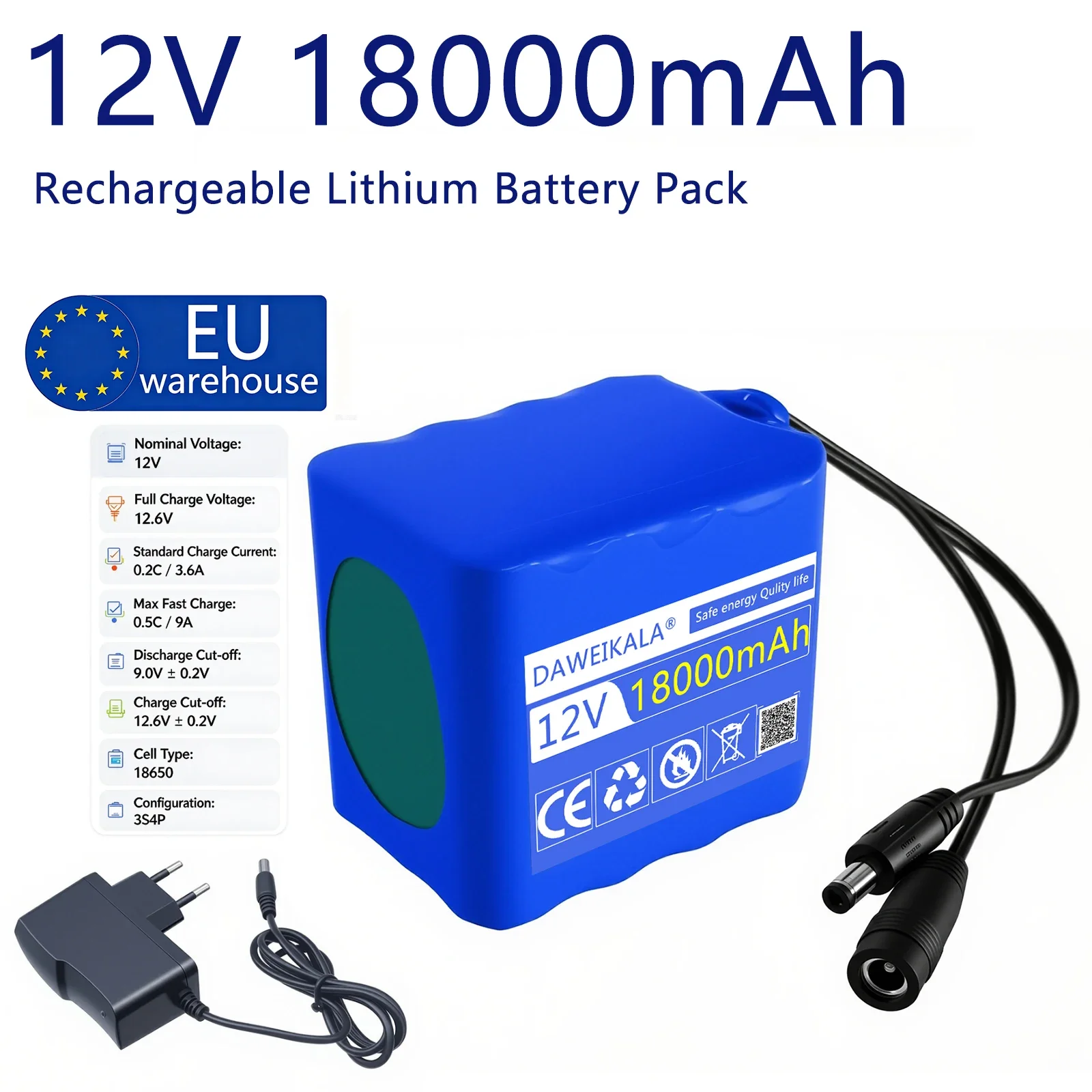 Batteria al litio 18650 da 12 V e 18000 mAh con circuito di protezione, ideale per luci a LED e telecamere di sorveglianza. Batteria ad alta capacità, disponibile in magazzino nell’UE, con consegna
