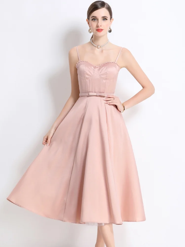 

High Quality New Summer Spaghetti Strap Long Dress Women's Big Swing Medium Length Runway Dress With Chest Cushion And Belt