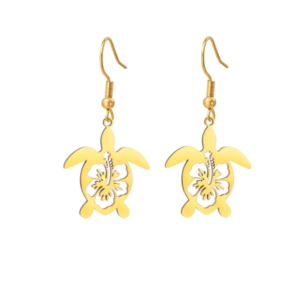 Boucles d'oreilles tortue de mer à motif de fleur d'hibiscus boucles d'oreilles de mode en acier inoxydable pour les femmes