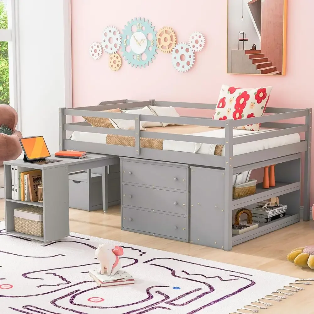 Gray Twin Size Loft Bed with Desk, Stairs, Storage Drawers, and Safety Rails for Kids