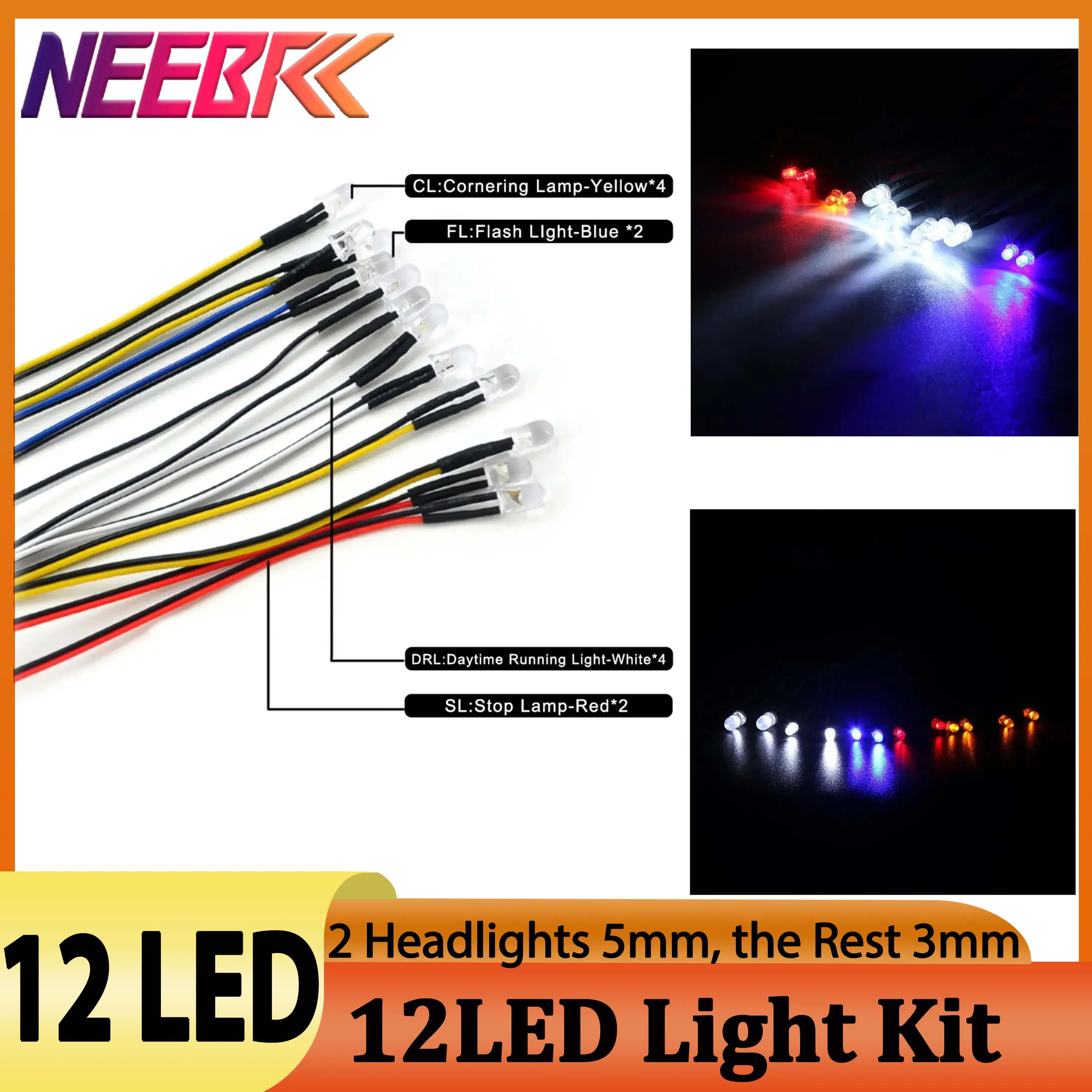 DUMBORC 12LED Light Kit 5mm 3mm Simular Conjunto de lâmpadas de carro para 1/8 1/10 RC Drift Truck On Road Car Tank TAMIYA 4WD Axial SCX10
