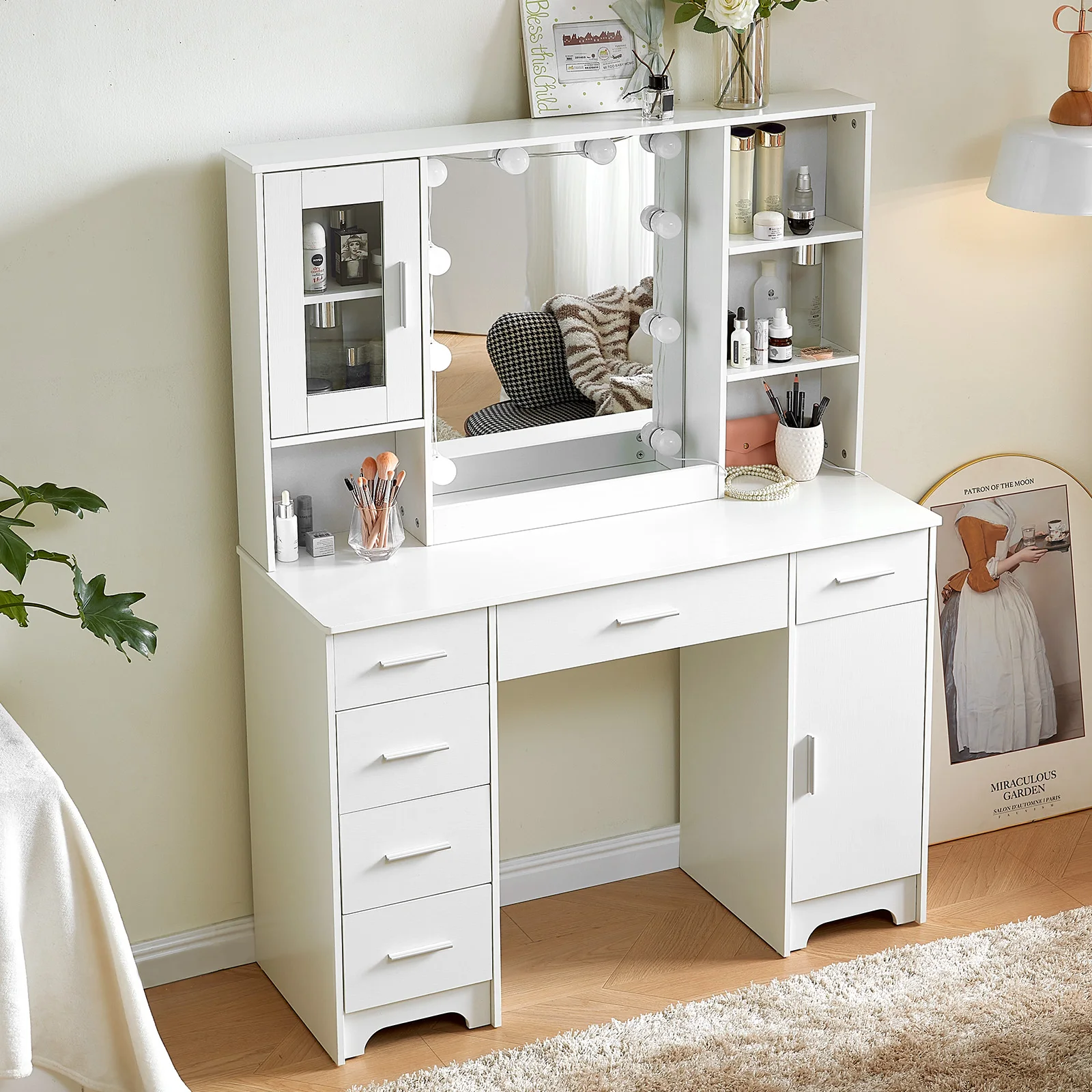 【صفقات 11.11، عروض الجمعة السوداء 2025】مكتب مكياج منضدة الزينة مع مرآة بإضاءة LED ودرج كبير للخزانة