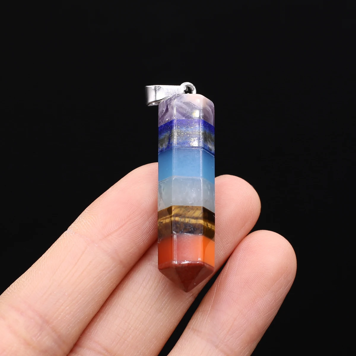 10x43mm Seven Chakra Hexagonal Pyramid Pendant Natural Stone Crystal Agate Charms for Jewelry-Making DIY Necklace Accessories