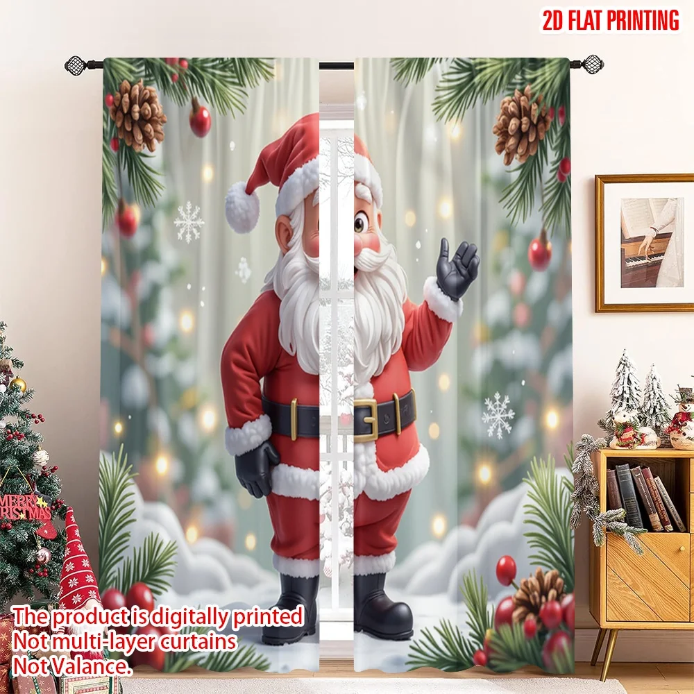 

2pcs 2D flat printing Merry Christmas Curtain Vintage Santa Claus Christmas Polyester Without Electricity 0 Perfect for Photo