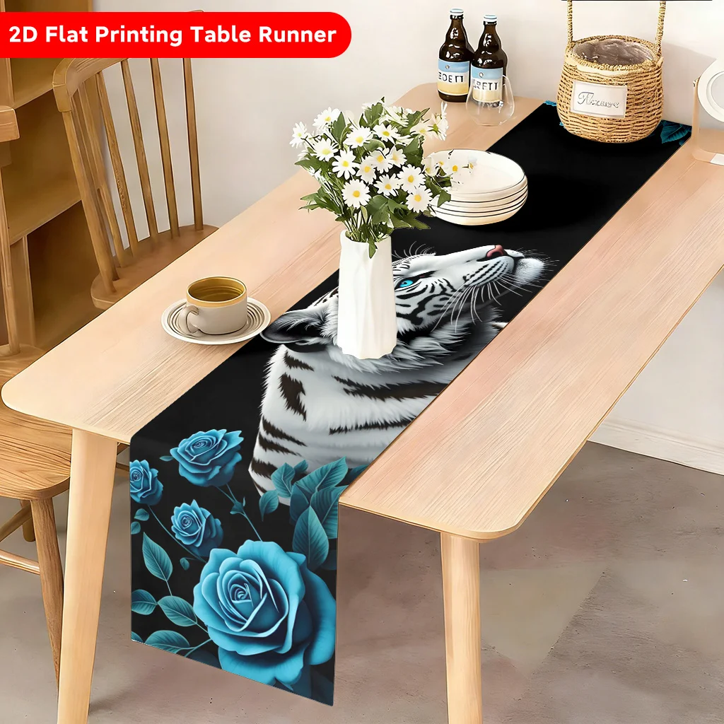 1 Piece of White Tiger Looking at the Screen Blue Rose Table Runner, Suitable for Farmhouse, Indoor, Kitchen, Celebrations, Table Decoration, Restaurant, and Banquet Decoration Supplies
