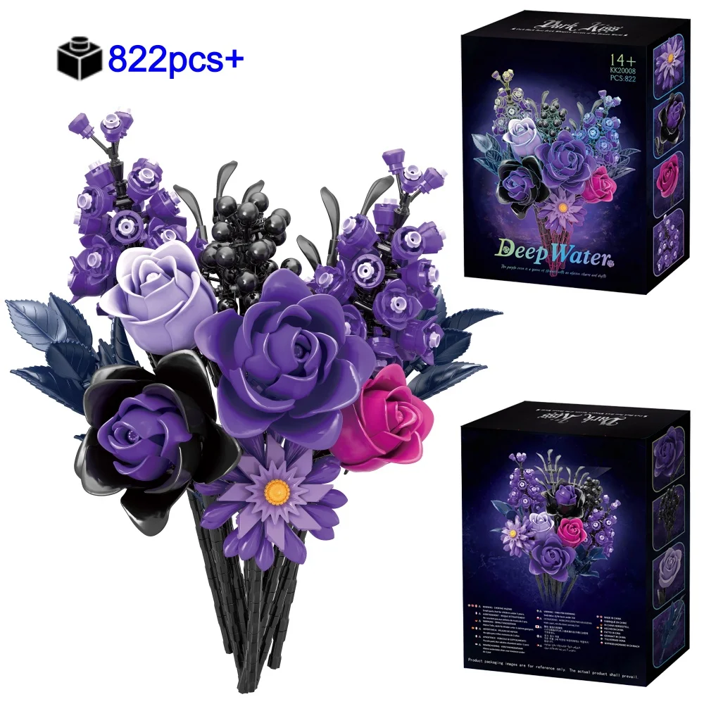

NEW Creative Romantic Purple Rose Bouquet Building Blocks DIY tabletop decorations Model Perfect Gift For Women Valentines Day