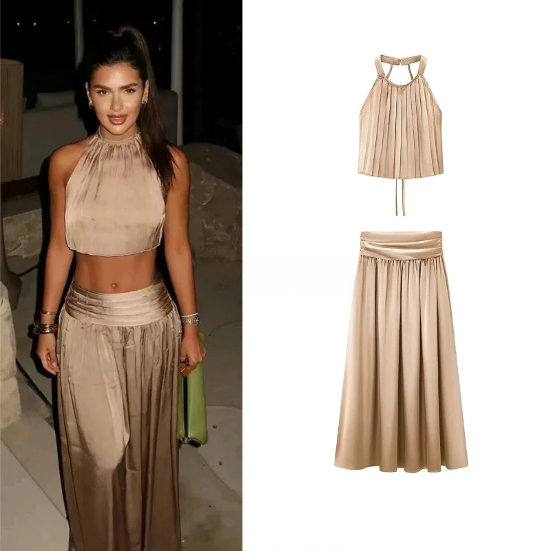 

Spring New Arrival Women's High Waist A-Line Skirt Set with Hanging Neck Bow Tie Casual Short Strap Dresses