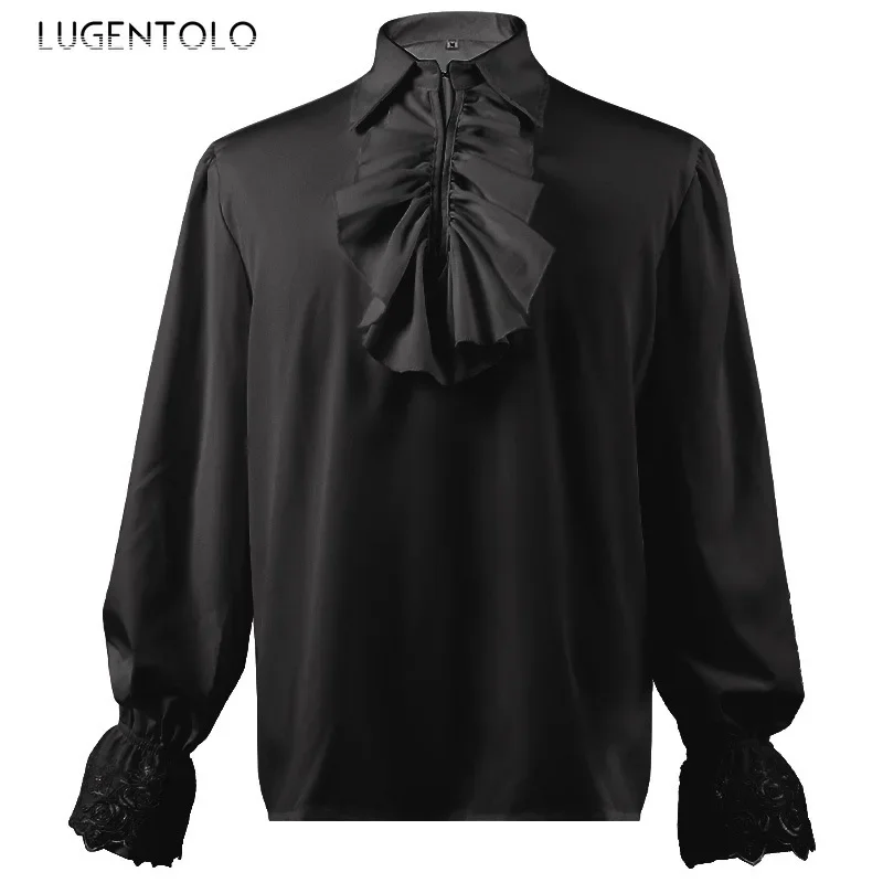 

Lugentolo Men Gothic Retro Shirt Role Play Costume Tops Princes Solid Party Lapel Chiffon Summer Loose Medieval Pullover Cloth