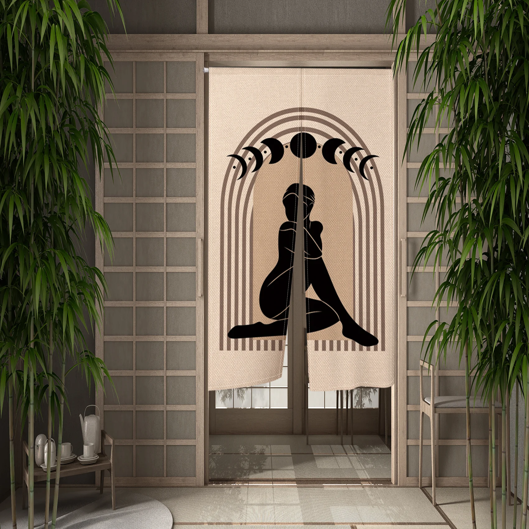 Nordic ลมม่านประตู Sun และ Moon ผู้หญิง Bohemian KITCHEN Entrance Partition แยกแขวนครึ่งผ้าม่านตกแต่งห้อง Noren