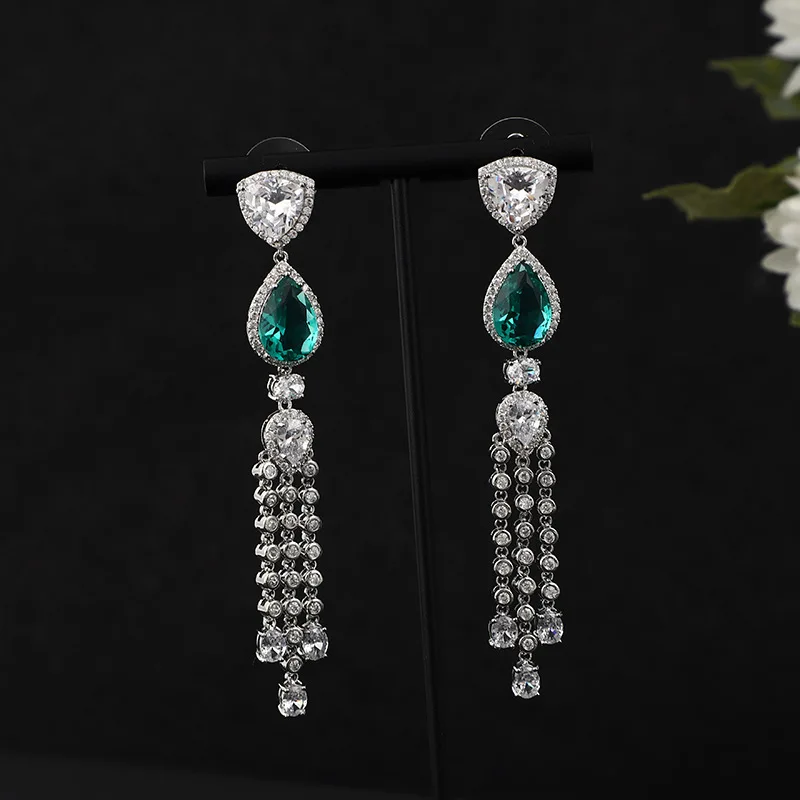 HIBRIDE Bling Cubic Zirconia Long Dangly Tassel Drop Earrings For Women Bridal Wedding Jewelry Accessories Bijoux Femme E-91