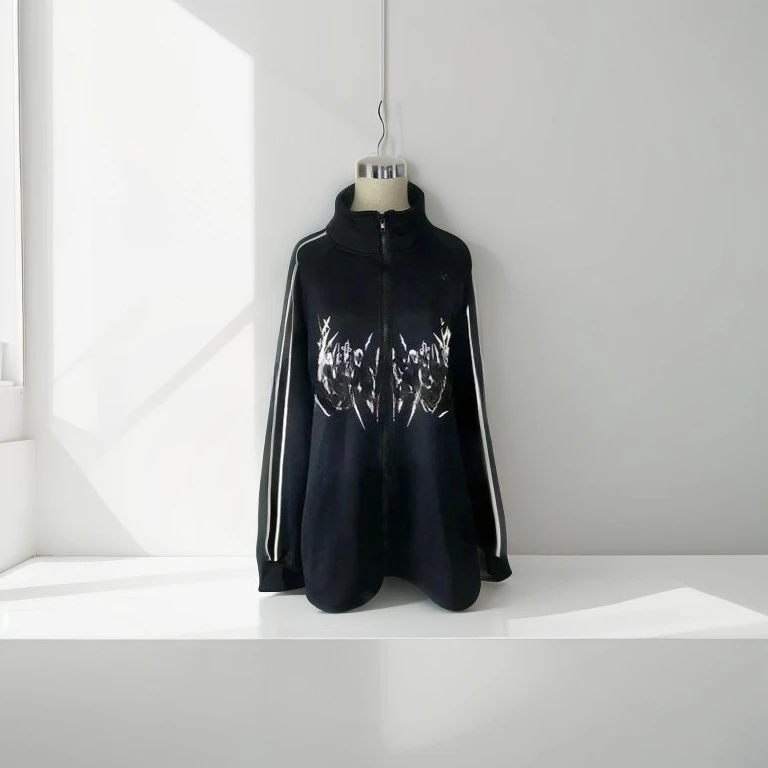 

Japanese Original Black Stand Collar Long Sleeve Jacket Reflective Print Clothing Autumn Subculture Dark Gothic Zipper Coat
