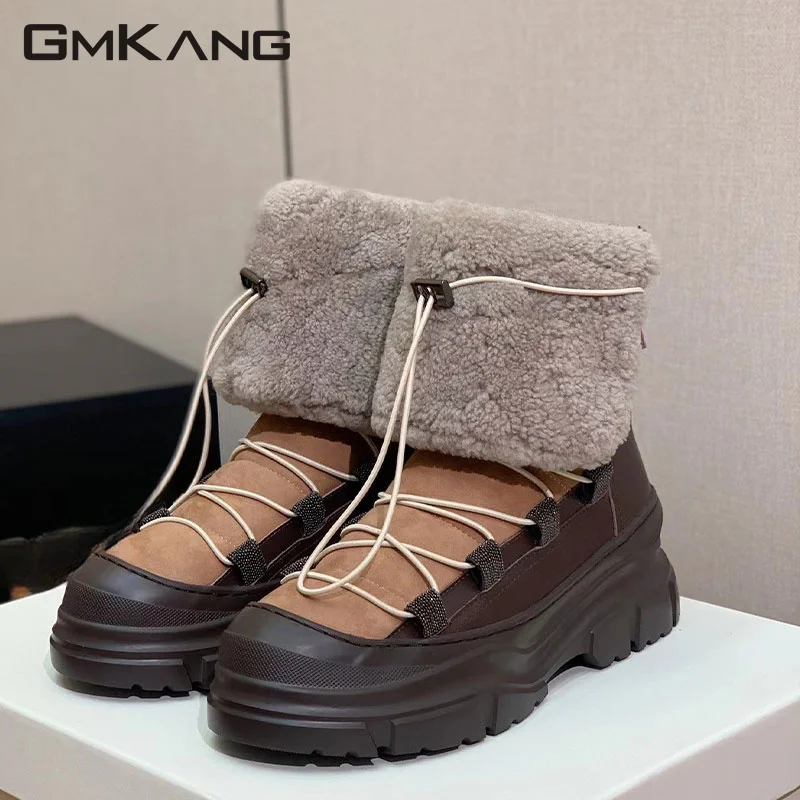 

Winter Wool Short Boots Woman Round Toe Cross-tied Thick Sole Short Boots Female Cow Suede Patchwork Motorcycle Boots Women