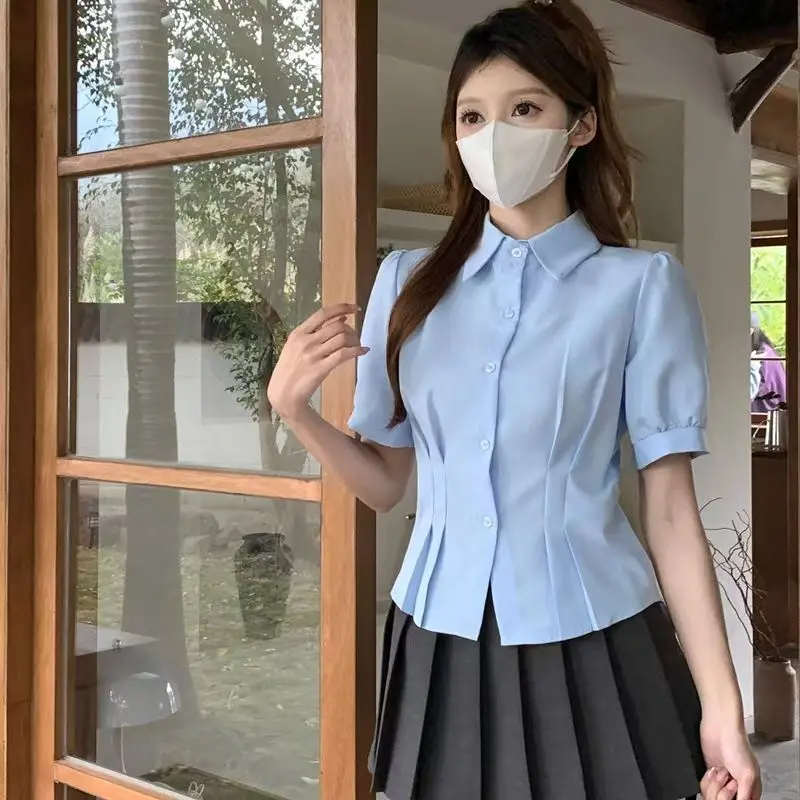 

White Blue Short Sleeve Shirts Women Summer New Preppy Style Button Up Slim JK Shirt Korean Turn-down Collar Student Blouse 2025