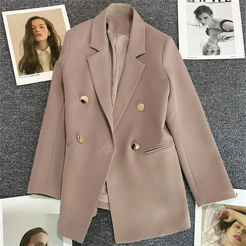 Giacca piccola con fibbia in metallo per donna inverno 2024 nuovo doppio petto semplice cappotto allentato dentellato solido OL blazer eleganti