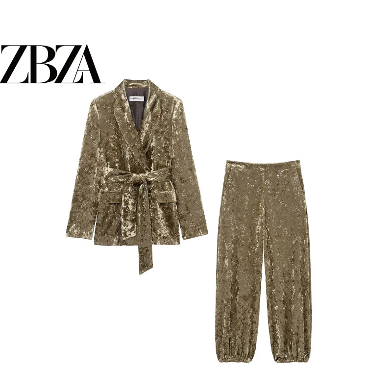 Metallic Color Swan Velvet Belted Suit Jacket And Pants Set for Women Fashionable Two-Piece Ensemble Long Sleeve Suit Coat