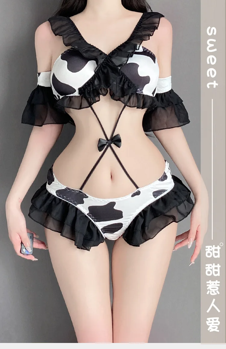 Bikini de una pieza para mujer, traje de baño de cuerpo Sexy, disfraz de chica de vaca, traje de baño de Anime con volantes de encaje lindo y picante, H5OF