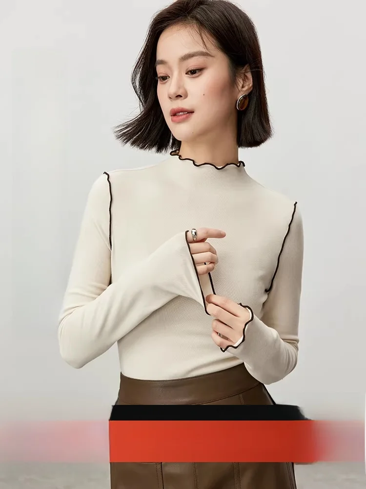 

Color Blo Knitted Long Sve Fce Lined Slim Fit Base irt Stand Collar Top for Women Autumn New Sle Commute Sle