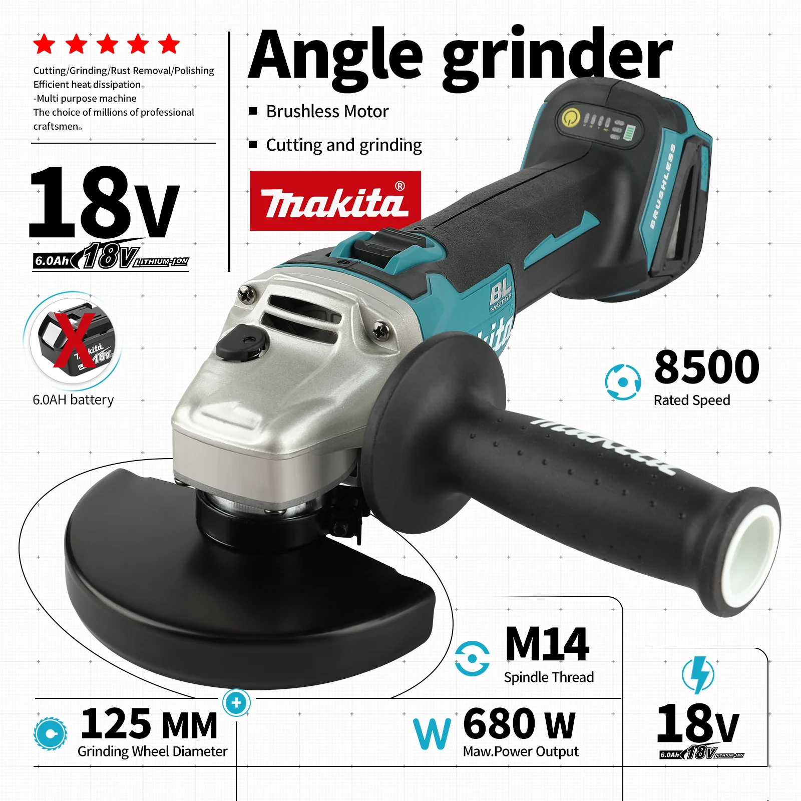

Makita 18V Cordless Angle Grinder DGA404 125mm Professional Tool for Grinding Cutting Polishing