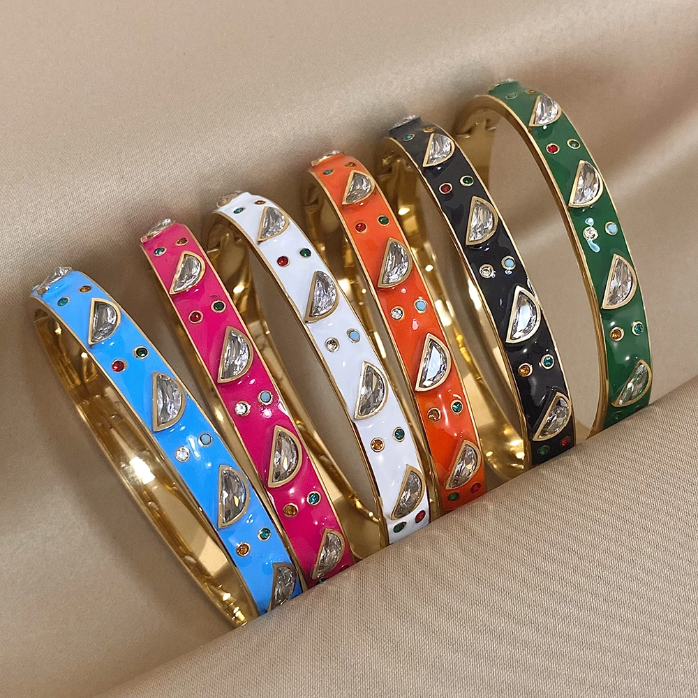 Unique Design Geometric Zircon Colorful Enamel Stainless Steel Cuff Bangles Bracelets for Women Charm Gold Plated Jewelry Gifts