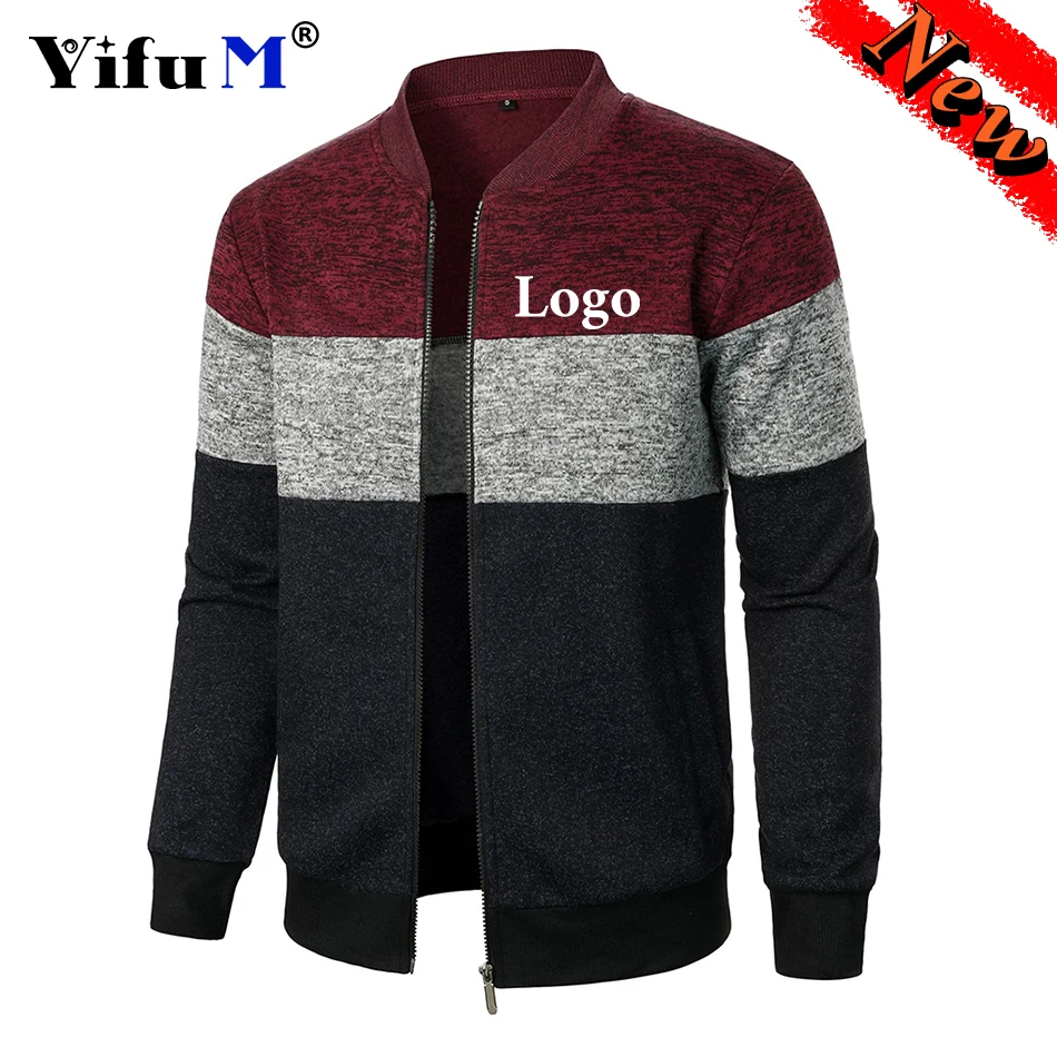 Custom Logo Autumn Winter Men's Stand Collar Jacket Striped Sheck Zipper Plus Cashmere Fashion Color Matching Knitted Coat