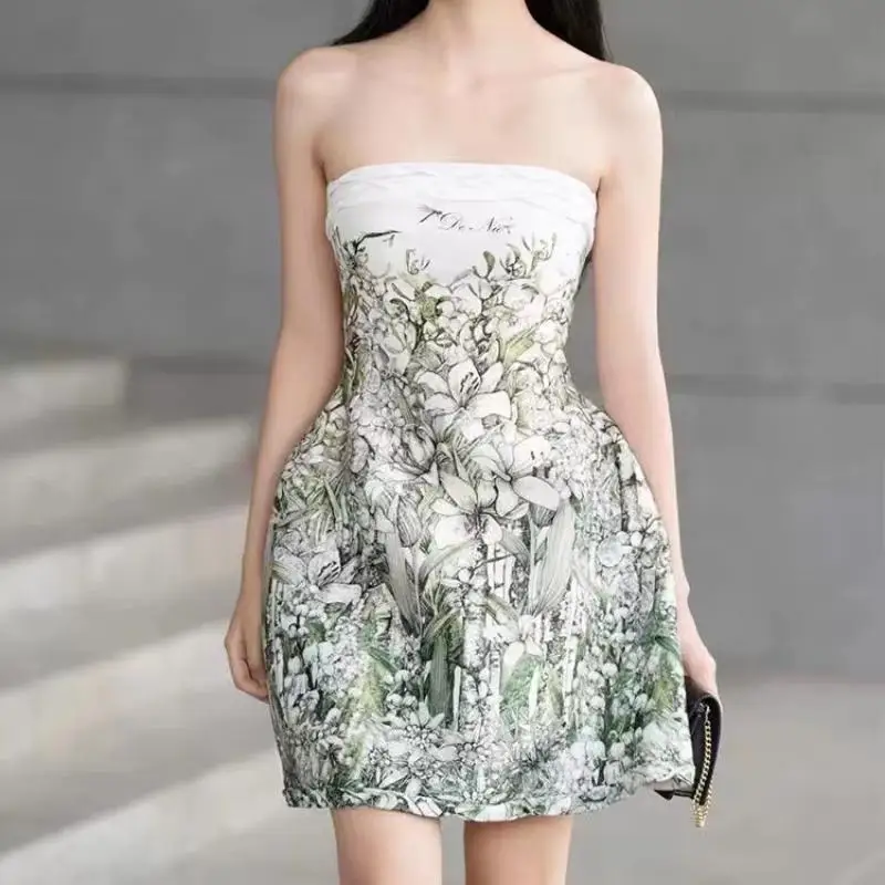 

Sexy Summer New Arrival Fashion 2024 Women's Chest Wrapping Bra Off Shoulder Flower Printing Slim Mini Party Dress