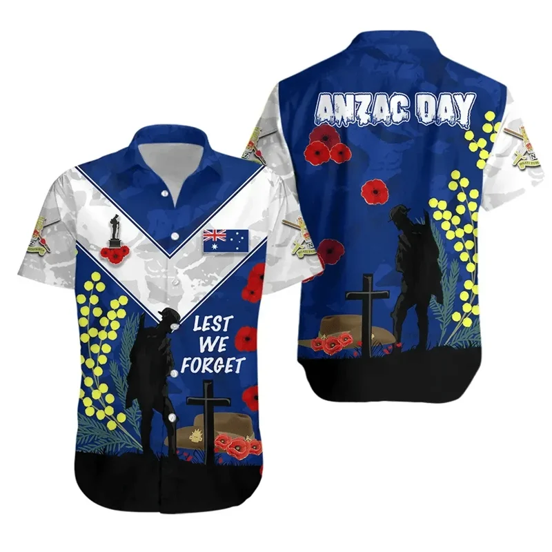 

Anzac Day Short Sleeve Shirts For Men Clothes Lest We Forget Australia New Zealand Hero Shirt Remember Flower Lapel Blouse Tops