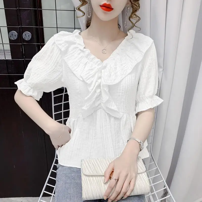 Women\'s Clothing 2024 New Summer Trendy Ruffles Kawaii Sweet Blouse Female V Neck Short Sleeve Slim Shirt Casual Solid Chic Tops