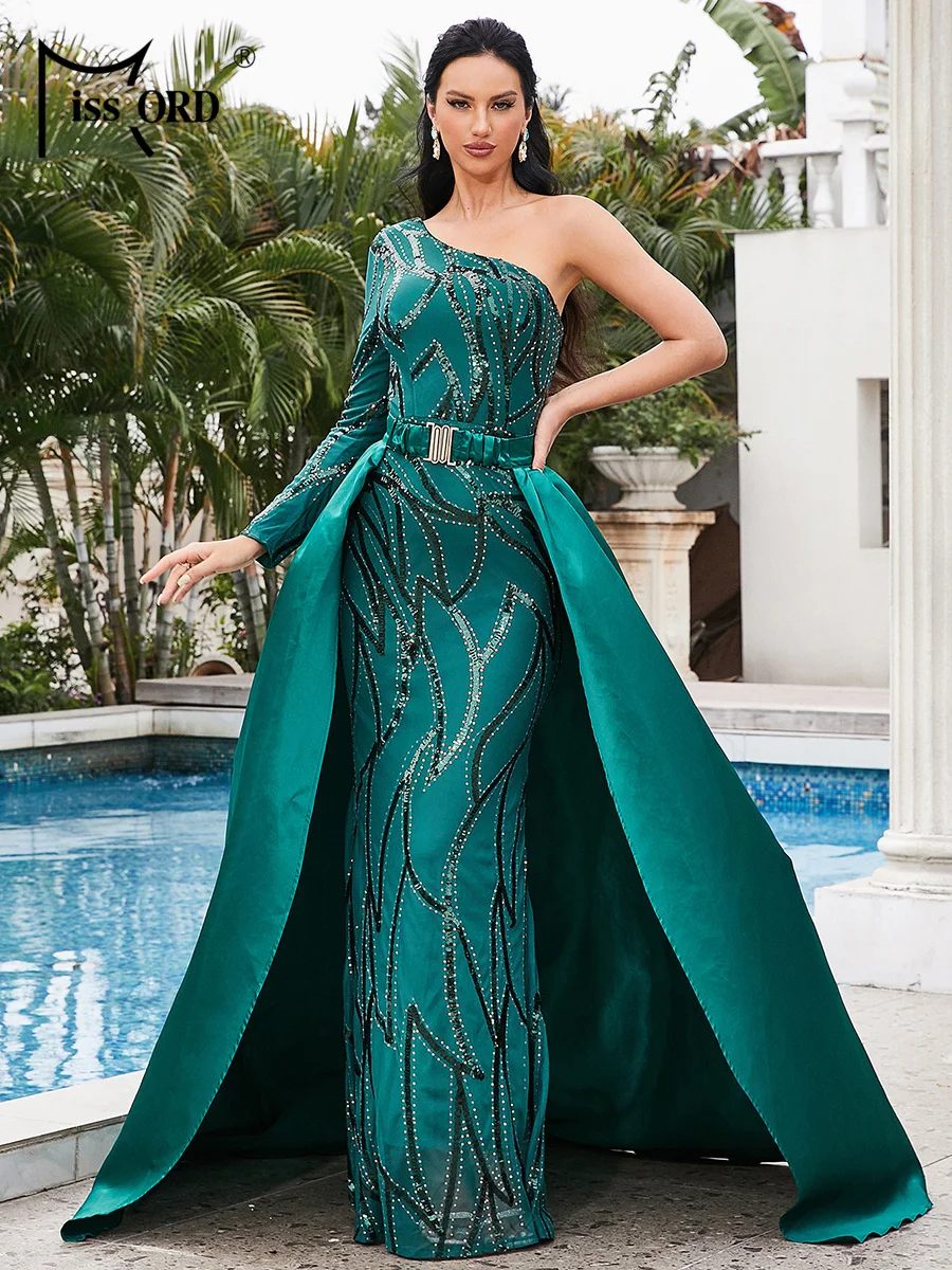 

Missord Elegant Green Evening Dress Women One Shoulder Long Sleeve Sequins Draped Maxi Party Prom Formal Dresses Ladies Gown