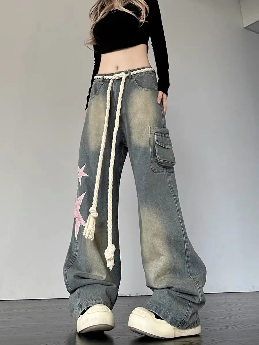 Vintage Star Print Cargo Jeans Women Harajuku High Waist Denim Trouser 2000s Y2k 90s Aesthetic Wide Leg Pants Trashy Pantalones